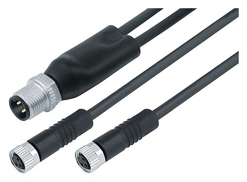 Illustration M12/M8 Male cable splitter - 2 female cable connectors, Contacts: 4/3, unshielded, moulded on the cable, IP67, UL 2238, PUR, black, 3 x 0.34 mm², 1 m