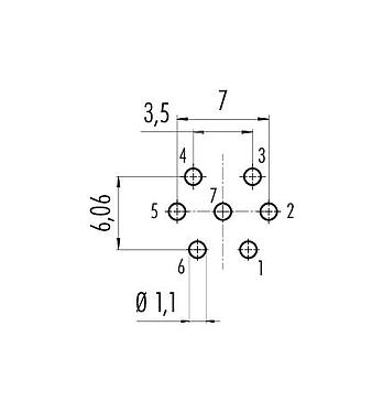 Conductor layout 09 0328 90 07 - M16 Female panel mount connector, Contacts: 7 (07-a), unshielded, THT, IP40, front fastened