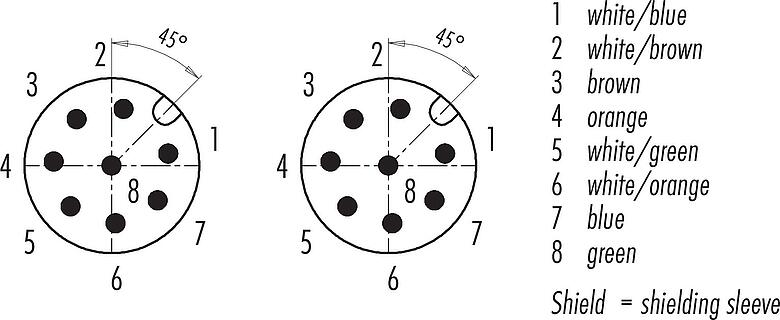 Disposition des contacts (Côté plug-in) M12 Câble de raccordement 2 connecteurs mâle, Contacts: 8, blindé, surmoulé sur le câble, IP67, Ethernet CAT5e, TPE, bleu/vert, 4 x 2 x AWG 24, 5 m