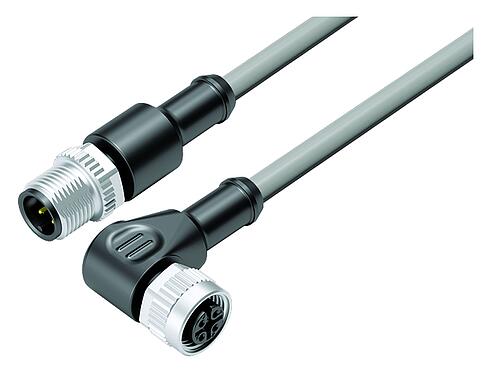 Illustration M12 Câble de raccordement connecteur mâle - connecteur femelle coudé, Contacts: 4, non blindé, surmoulé sur le câble, IP68/IP69K, UL 2238, PVC, gris, 4 x 0,34 mm², 5 m