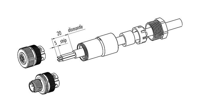 Instructions de montage M12 Connecteur femelle, Contacts: 5, 6,0-8,0 mm, non blindé, pince à visser, IP67, UL 2238, VDE, pour l'alimentation électrique
