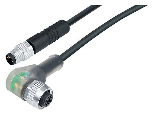 Illustration M12/M8 Male cable connector - female angled connector, Contacts: 3, unshielded, moulded on the cable, IP67/IP69K, PUR, black, 3 x 0.25 mm², with LED PNP closer, 1 m