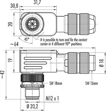 Dessin coté M12 Connecteur mâle coudé, Contacts: 4, 5,0-8,0 mm, blindable, sertir (Les contacts à sertir doivent être commandés séparément), IP67, UL 2238
