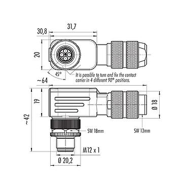 Dessin coté 99 1433 824 04 - M12 Connecteur mâle coudé, Contacts: 4, 5,0-8,0 mm, blindable, sertir (Les contacts à sertir doivent être commandés séparément), IP67, UL