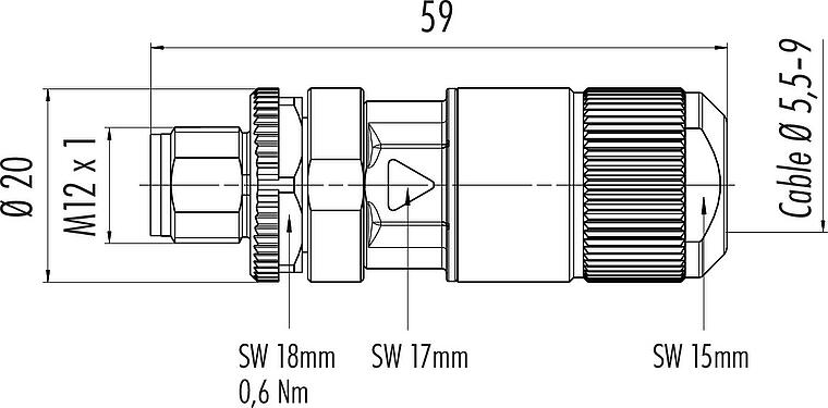 Scale drawing M12 Male cable connector, Contacts: 8, 5.5-9.0 mm, shieldable, IDC, IP67