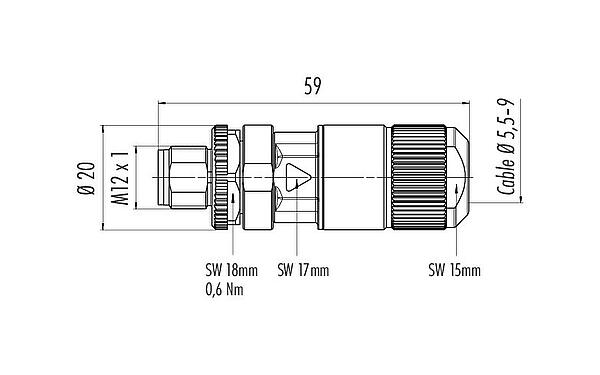 Scale drawing M12 Male cable connector, Contacts: 8, 5.5-9.0 mm, shieldable, IDC, IP67