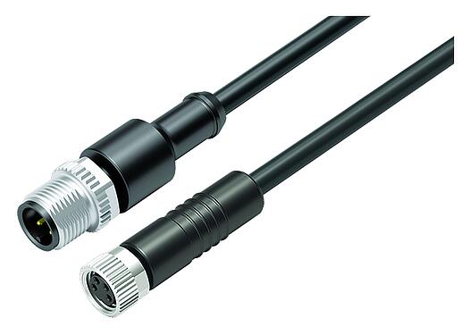 Illustration M12/M8 Male cable connector - female cable connector, Contacts: 4, unshielded, moulded on the cable, IP67/IP69K, UL 2238, PUR, black, 4 x 0.34 mm², 3 m