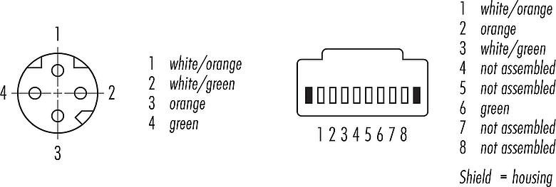 Contact arrangement (Plug-in side) M8 Connecting cable female cable connector - RJ45 connector, Contacts: 4, shielded, molded/crimp, IP67, UL, Ethernet CAT5e, TPE, teal, 2 x 2 x AWG 24, 3 m