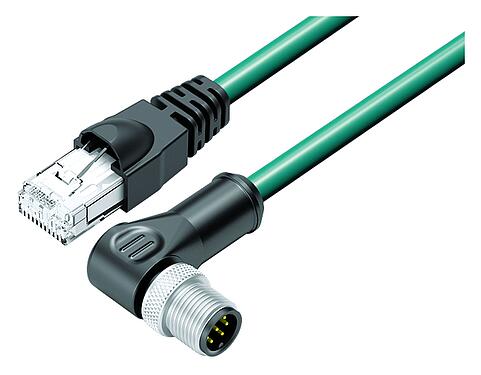 Illustration M12/RJ45 Connecting cable male angled connector - RJ45 connector, Contacts: 8, shielded, molded/crimp, IP67, Ethernet CAT5e, TPE, teal, 4 x 2 x AWG 24, 2 m