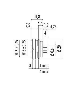 Scale drawing M16 Female panel mount connector, Contacts: 19 (19-a), unshielded, THT, IP67, UL 2238, M18x0,75, Rear mounting