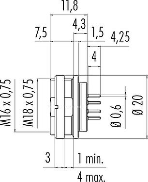 Dibujo a escala M16 Toma de brida, Número de contactos: 14 (14-b), sin blindaje, THT, IP67, UL 2238, M18x0,75, Montaje en pared