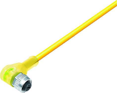 Illustration M12 Connecteur femelle coudé, Contacts: 4, non blindé, surmoulé sur le câble, IP68/IP69K, UL 2238, PLTC, TPE-E, jaune, 4 x AWG 22, avec LED, PNP, 5 m