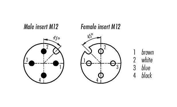 Disposition des contacts (Côté plug-in) 77 3530 3529 50704-0100 - M12/M12 Câble de raccordement connecteur mâle - connecteur femelle, Contacts: 4, blindé, surmoulé sur le câble, IP67, UL, PUR, noir, 4 x 0,34 mm², 1 m