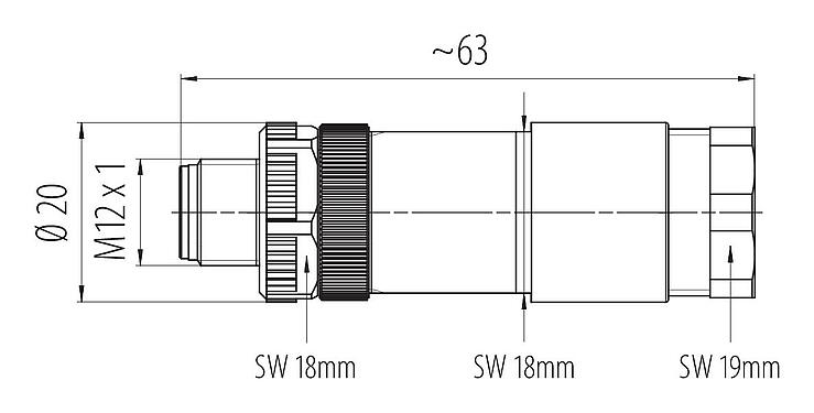 Dibujo a escala 99 0429 142 04 - M12 Conector dúo de cable macho, Número de contactos: 4, 2 x Cable Ø 2,1-3,0 mm  o Ø 4,0-5,0 mm, sin blindaje, tornillo extraíble, IP67, UL
