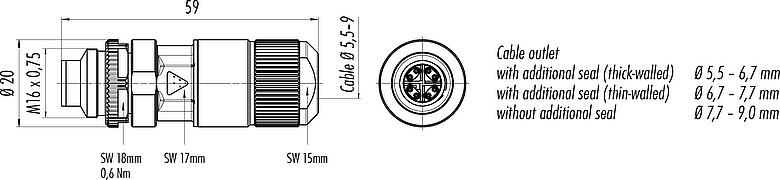 Scale drawing M16 Male cable connector, Contacts: 8, 5.5-9.0 mm, shieldable, IDC, IP67