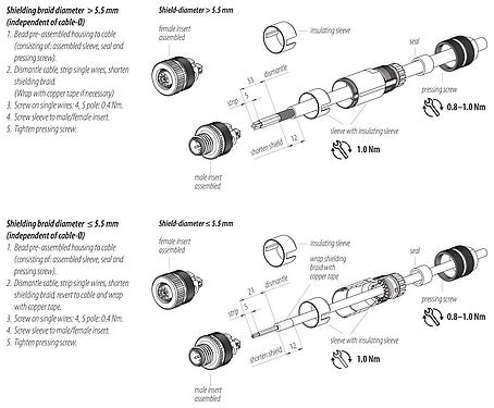 Assembly instructions M12 Male cable connector, Contacts: 5, 5.0-8.0 mm, shieldable, screw clamp, IP67, UL 2238, iris spring