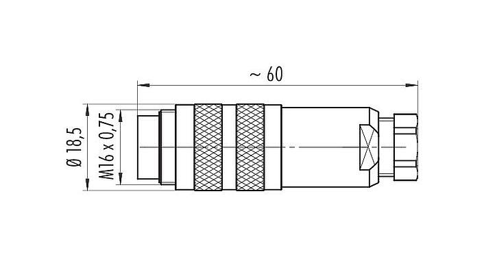 Dibujo a escala M16 Conector de cable macho, Número de contactos: 8 (08-a), 4,0-6,0 mm, blindable, crimpado (los contactos de crimpado deben pedirse por separado), IP68, UL 2238, Cumple con AISG