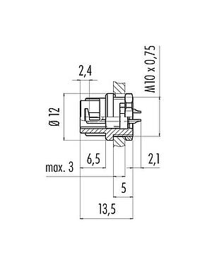 Scale drawing Bayonet Male panel mount connector, Contacts: 5, unshielded, solder, IP40, M10x0.75, Front mounting