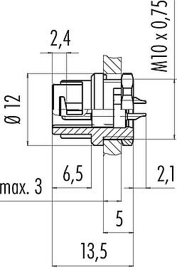 Scale drawing Bayonet Male panel mount connector, Contacts: 5, unshielded, solder, IP40, M10x0.75, Front mounting