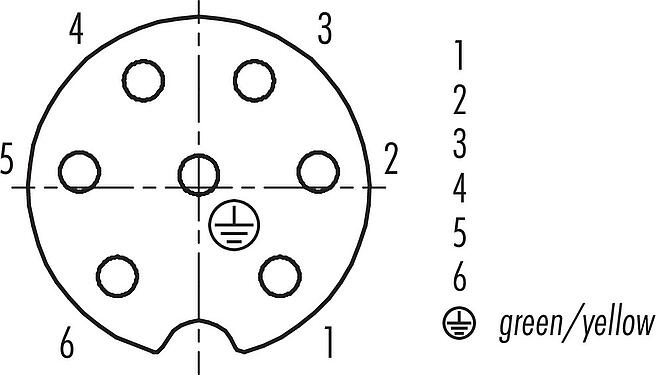 Disposition des contacts (Côté plug-in) RD24 Embase femelle, Contacts: 6+PE, non blindé, souder, IP67, UL, ESTI+, VDE, Montage frontal