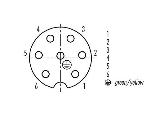 Disposición de los contactos (lado de la conexión) RD24 Conector de cable hembra, Número de contactos: 6+PE, 6,0-8,0 mm, sin blindaje, tornillo extraíble, IP67, UL, ESTI+, VDE, PG 9