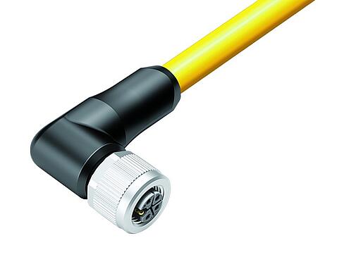 Illustration M12 Connecteur femelle coudé, Contacts: 4+FE, non blindé, surmoulé sur le câble, IP68, UL 2238, M12x1,0, TC-ER, TPE, jaune, 5 x 1,50 mm², 3 m