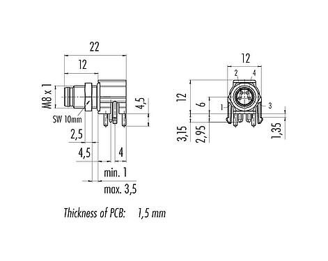 Dessin coté M8 Embase mâle, coudé, Contacts: 4, non blindé, THR, IP67, UL 2238, Montage mural arrière