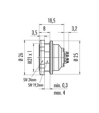 Scale drawing 09 4843 80 19 - Push Pull Male panel mount connector, Contacts: 19, unshielded, solder, IP67, front fastened