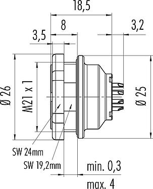 Scale drawing Push Pull Male panel mount connector, Contacts: 12, shieldable, solder, IP67, M21x1,0, Rear mounting