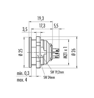 Scale drawing Push Pull Female panel mount connector, Contacts: 3, unshielded, solder, IP40, M21x1,0, Front mounting