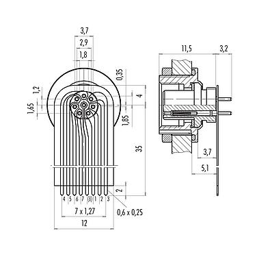 Connection & dimensions 09 0428 65 08 - M9 Female panel mount connector, Contacts: 8, unshielded, THT, IP67