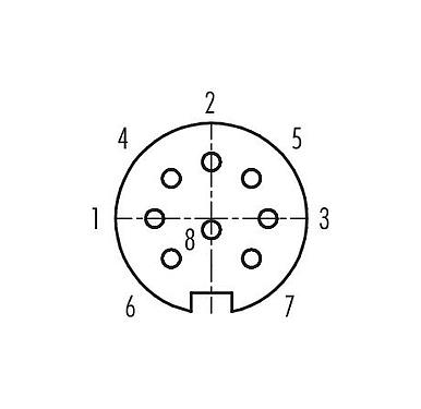 Disposición de los contactos (lado de la conexión) 09 0154 70 08 - M16 Conector hembra en ángulo, Número de contactos: 8 (08-a), 4,0-6,0 mm, sin blindaje, soldadura, IP40
