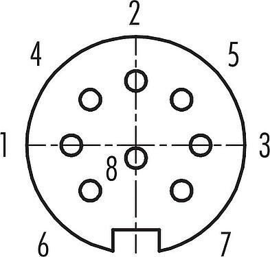 Disposition des contacts (Côté plug-in) M16 Embase femelle, Contacts: 8 (08-a), non blindé, sertir (Les contacts à sertir doivent être commandés séparément), IP40, M18x0,75, Montage frontal