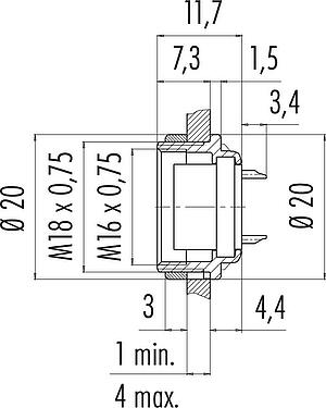 Scale drawing M16 Female panel mount connector, Contacts: 19 (19-a), unshielded, solder, IP40, M18x0,75, Rear mounting