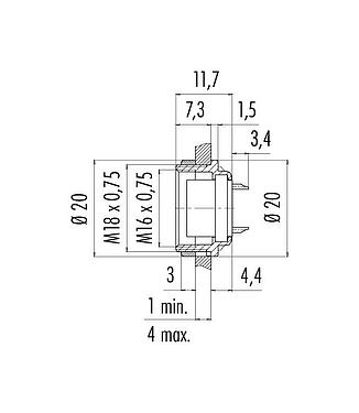Scale drawing M16 Female panel mount connector, Contacts: 14 (14-b), unshielded, solder, IP40, M18x0,75, Rear mounting