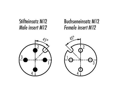 Disposition des contacts (Côté plug-in) M12 Traversée de panneau, Contacts: 4, blindé, enfichable, IP67, M12x1,0