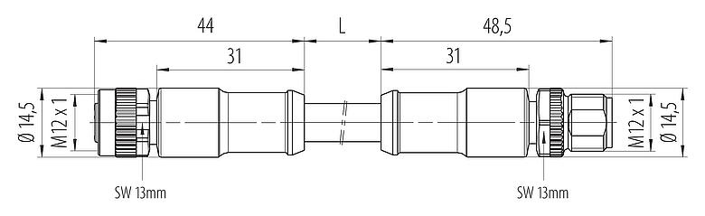 Dibujo a escala M12 Cable de conexión conector de cable macho - conector de cable hembra, Número de contactos: 4, sin blindaje, moldeado en el cable, IP68, UL 2238, PUR, negro, 4 x 1,50 mm², 5 m