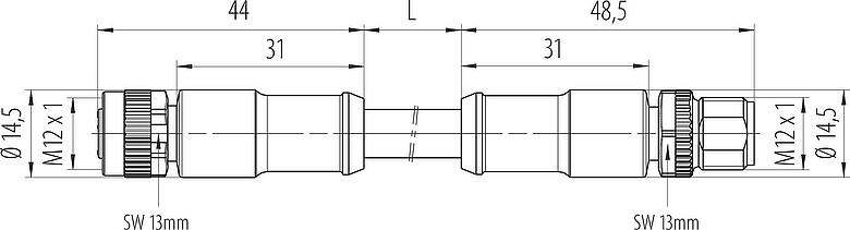 Dibujo a escala M12 Cable de conexión conector de cable macho - conector de cable hembra, Número de contactos: 4, sin blindaje, moldeado en el cable, IP68, UL 2238, PUR, negro, 4 x 1,50 mm², 2 m