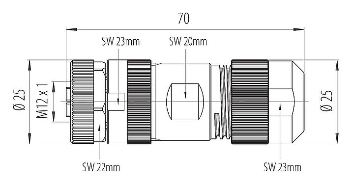 Dibujo a escala 99 0640 29 05 - M12 Conector de cable hembra, Número de contactos: 4+FE, 8,0-13,0 mm, sin blindaje, tornillo extraíble, IP67, UL 2238, M12x1,0