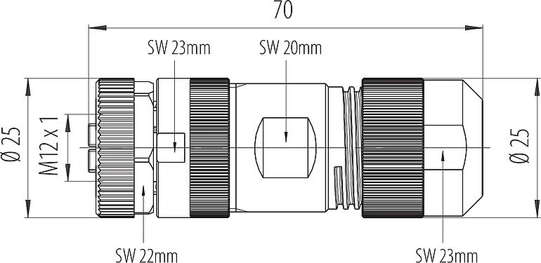 Dibujo a escala M12 Conector de cable hembra, Número de contactos: 4, 8,0-13,0 mm, sin blindaje, tornillo extraíble, IP67, UL 2238, M12x1,0