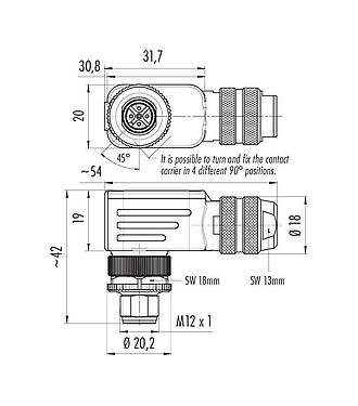 Dessin coté M12 Connecteur mâle coudé, Contacts: 5, 6,0-8,0 mm, blindable, pince à visser, IP67, UL 2238, avec anneau de protection