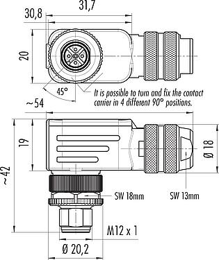 Dessin coté M12 Connecteur mâle coudé, Contacts: 5, 6,0-8,0 mm, blindable, pince à visser, IP67, UL 2238, avec anneau de protection