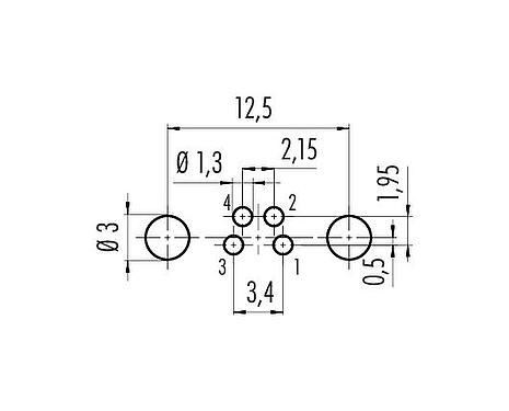 Conductor layout M8 Female panel mount connector, Contacts: 4, shieldable, THT, IP67, UL 2238, M10x0.75, Rear mounting, potted