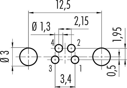 Conductor layout M8 Female panel mount connector, Contacts: 4, shieldable, THT, IP67, UL 2238, M10x0.75, Rear mounting, potted