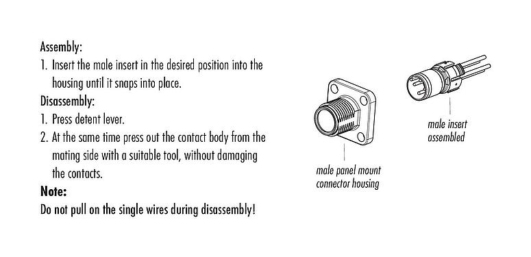 Assembly instructions M12 Square male panel mount connector, Contacts: 5, unshielded, single wires, IP69k, IP68, IP67, UL 2238, M3 (4x), Front mounting, Square housing 26 mm, Positionable coding alignment