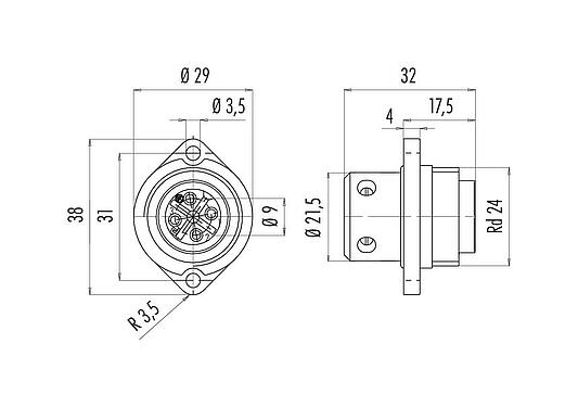 Dibujo a escala RD24 Enchufe de brida, Número de contactos: 3+PE, sin blindaje, tornillo extraíble, IP67, UL, ESTI+, VDE, Montaje frontal