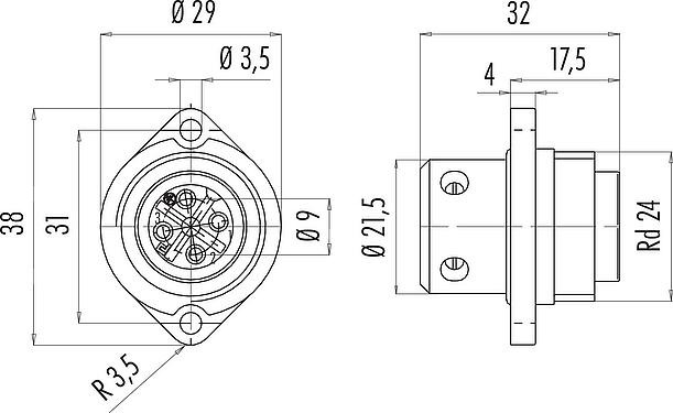 Dibujo a escala RD24 Enchufe de brida, Número de contactos: 3+PE, sin blindaje, tornillo extraíble, IP67, UL, ESTI+, VDE, Montaje frontal