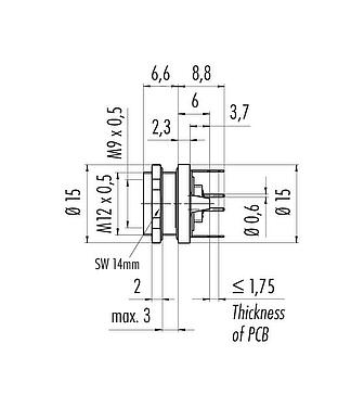 Scale drawing M9 Female panel mount connector, Contacts: 7, shieldable, THT, IP67, M12x0.5, Rear mounting, potted