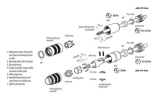 Assembly instructions M16 Male cable connector, Contacts: 12 (12-a), 6.0-8.0 mm, shieldable, solder, IP67, UL 2238