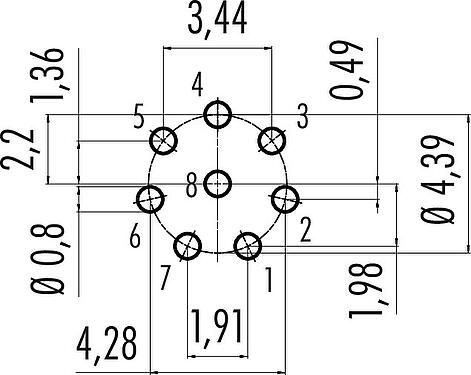 Conductor layout Snap-In Male panel mount connector, Contacts: 8, unshielded, THT, IP67, UL 2238, M8x0,75, Front mounting